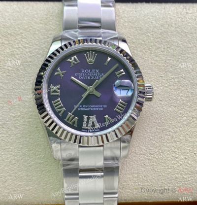 Swiss Copy Rolex Oyster Datejust 31mm Purple Roman Dial watch with VI Diamond